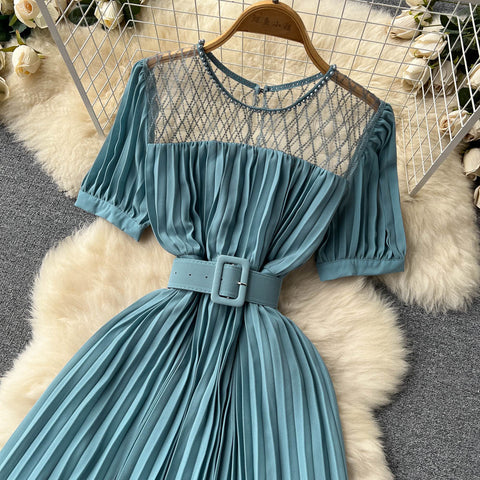 High Waist Tied Chiffon Pleated Dress