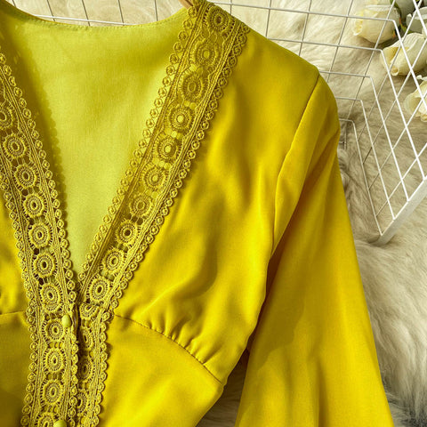 Courtly Lace Trim Single-breasted Dress