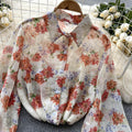 Polo Collar Puff Sleeve Floral Blouse