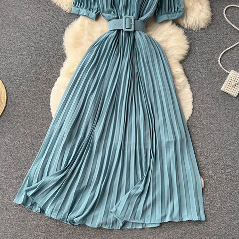 High Waist Tied Chiffon Pleated Dress