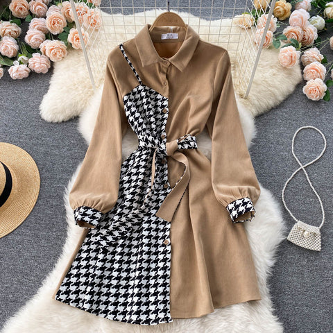 Houndstooth Stitching Long Sleeve Dress