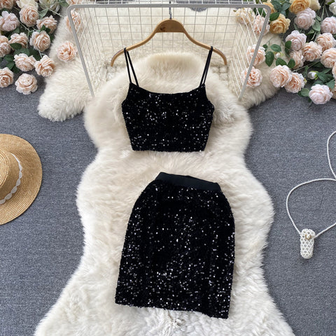 Chic Sequin Decorated Camisole&Skirt 2Pcs