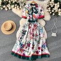 Vintage Bow Pleated Print Chiffon Dress