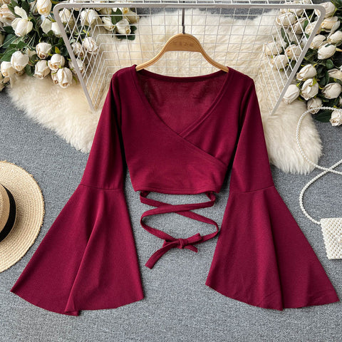 Drawstring V-neck Long-sleeve Top