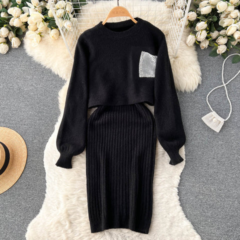 Sequin Pocket Sweater&Slip Dress 2Pcs