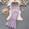 V-neck Cardigan&Pleated Fishtail Skirt 2Pcs