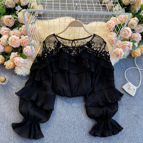 See-through Mesh Patchwork Chiffon Blouse