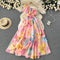Irregular Lace-up Slant-shoulder Chiffon Floral Dress