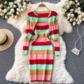 Colorblock Knitted Cardigan Suspender Dress Suit