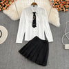 Tie Shirt Top High Waist Pleated Skirt Two Piece Set