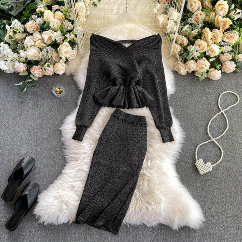 Off-the-shoulder Top&Skirt Knitted 2Pcs