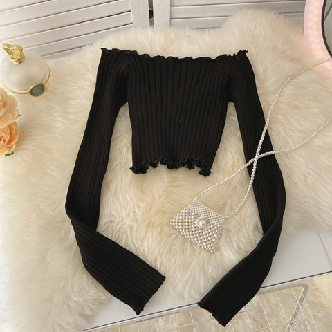 Strapless Navel Knit Long Sleeve T-shirt