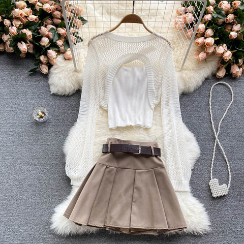 Strap Top + Long-sleeved Knitted Blouse Skirt