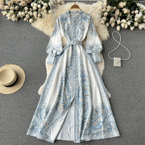 Lapeled Single-breasted Floral Printed Dress