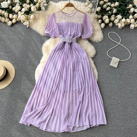 High Waist Tied Chiffon Pleated Dress