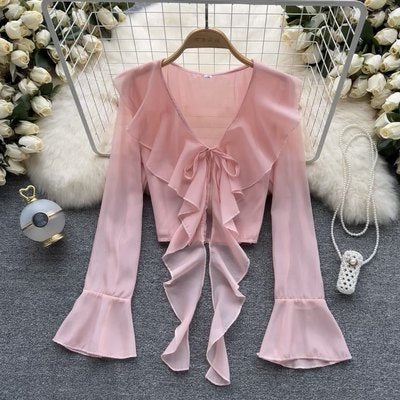 French Style V-neck Lace-up Blouse