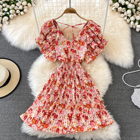 V-Neck Ruffle Sleeve Floral Pleated Dress