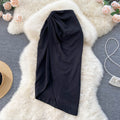 Black Pleated Asymmetry Split Skirt