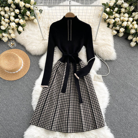 Knit Single-breasted Patchwork Dress