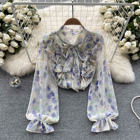 Loose Bow-tie Floral Chiffon Blouse