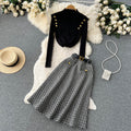 Button-down Sweater&Plaid Tweed Skirt 2Pcs