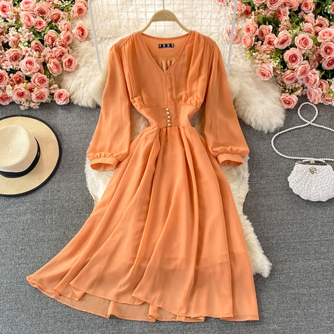 Puff Sleeve High Waist V Neck Chiffon Dress