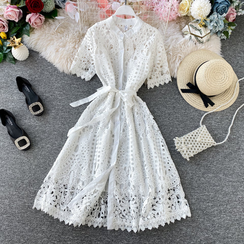 Lace Single Breasted Waist Long Dress