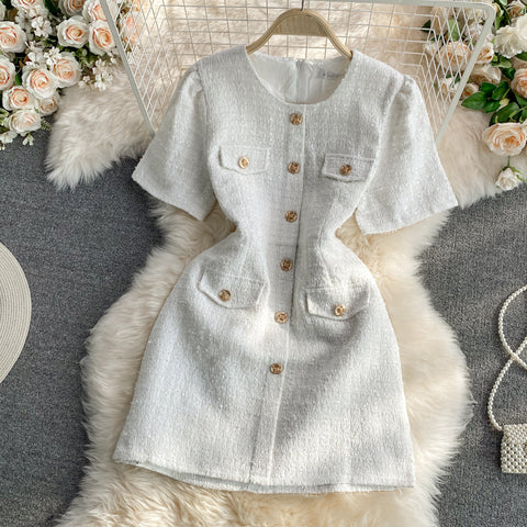 Round Neck Single-breasted Tweed Dress
