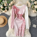 Round Collar Printed Bodycon Knitted Dress