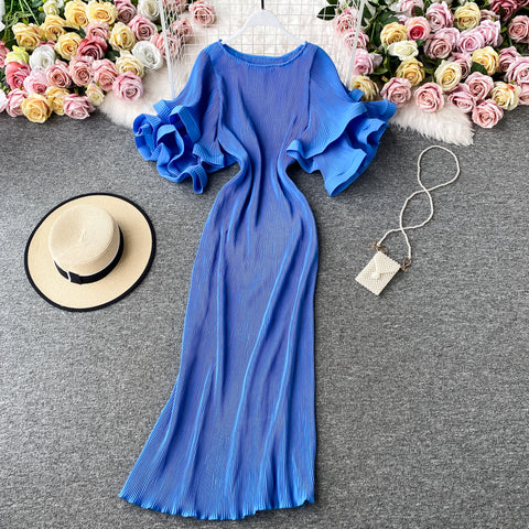 Ruffled Flared Sleeve Pleated Dress