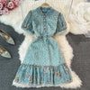 Nipped Waist Floral Embroidered Ruffled Lace Dress