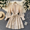 Lace Hollow Lantern Sleeve Stand Collar Embroidered Dress