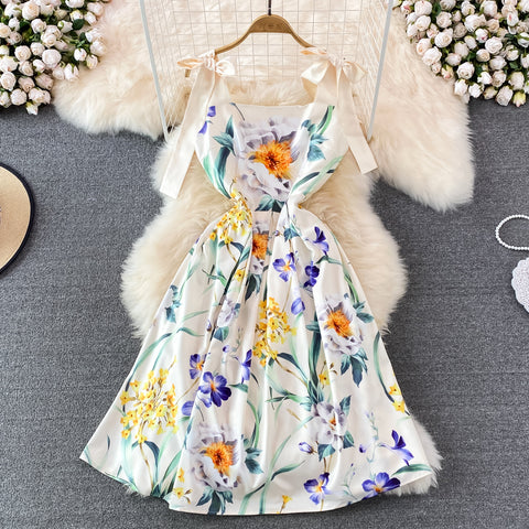 Bow-tie Lace-up Printed Floral Dress