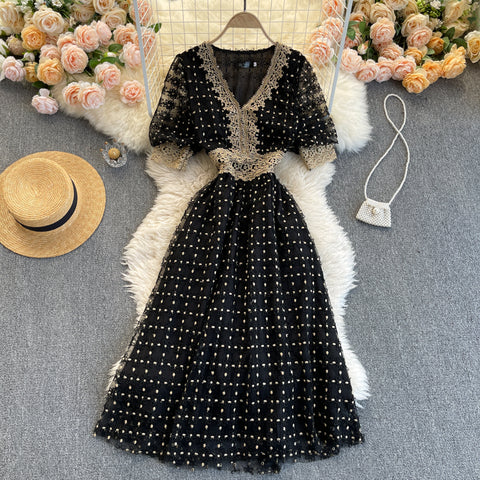 Embroidered Lace Color Blocking Mesh Dress