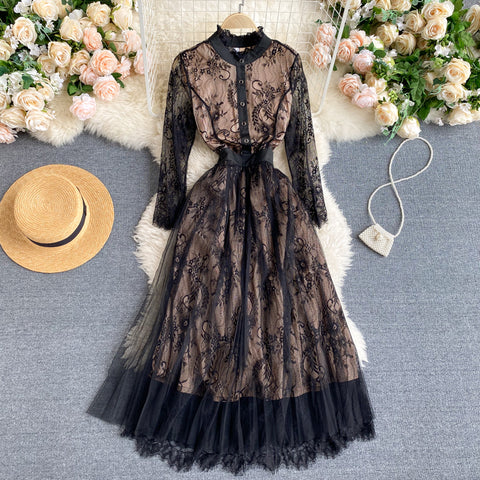 Lace Round Neck Mesh And Crocheted Dress