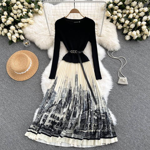 Ink And Wash Print Knit Pleated Dress