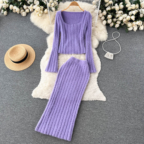 Short Sweater&High-waist Skirt 2Pcs