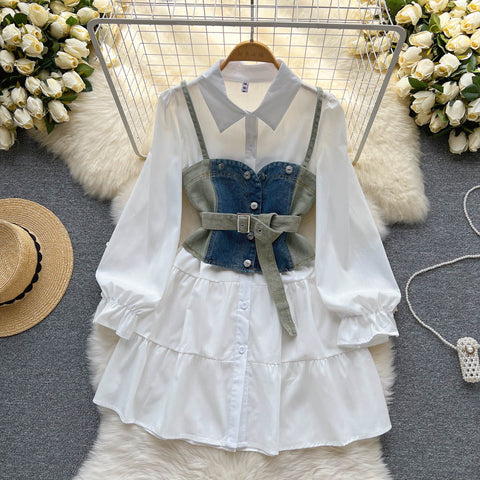 White Shirt Dress&Denim Camisole 2Pcs