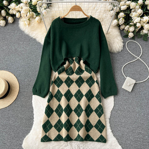 Cardigan&Rhombus Slip Dress Knitted 2Pcs