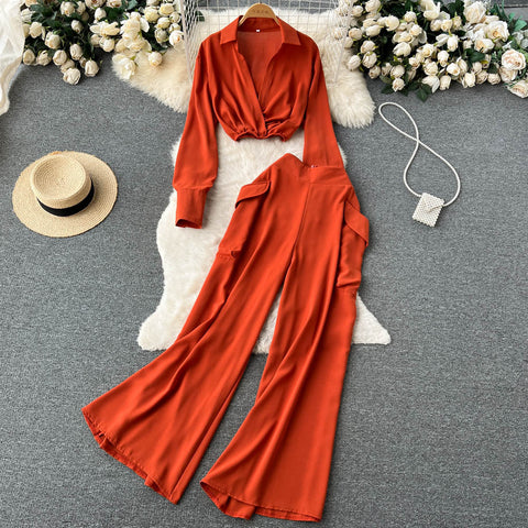 Lapeled Shirt&Wide-leg Trousers 2Pcs Set