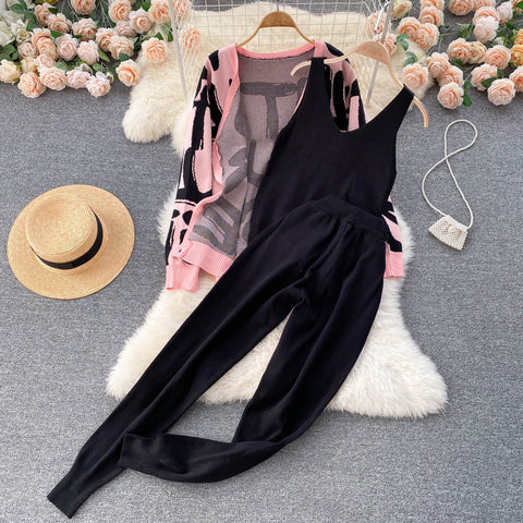 Letter Printed Cardigan&Vest&Trousers
