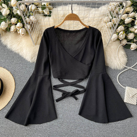 Drawstring V-neck Long-sleeve Top