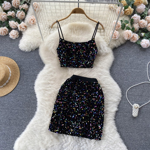 Chic Sequin Decorated Camisole&Skirt 2Pcs