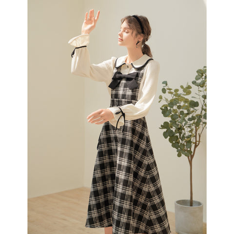 Plaid Thick Woolen Dress With Bow