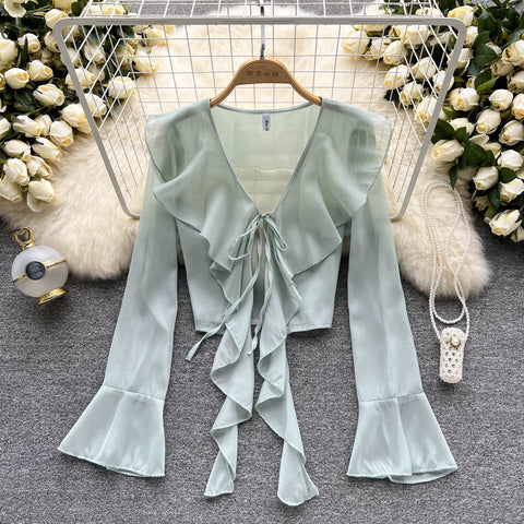 French Style V-neck Lace-up Blouse