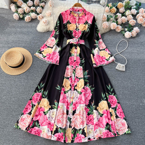 Floral Printed Flared Sleeve Maxi Dress