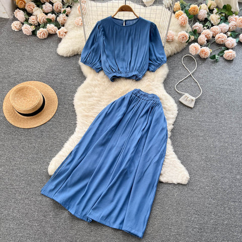 Solid Color Pleated Top&Skirt 2Pcs Set