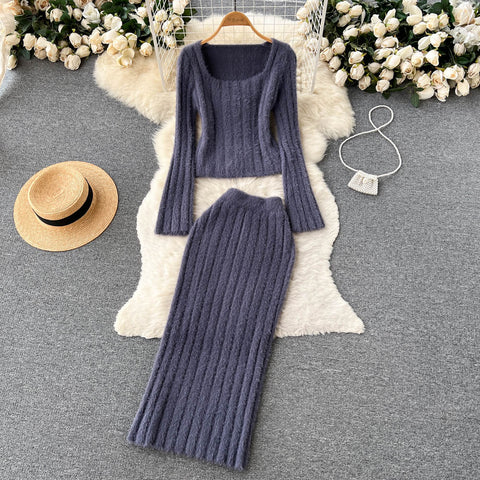 Short Sweater&High-waist Skirt 2Pcs