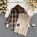 Knitted Vest & Loose Plaid Shirt Two-piece Suit