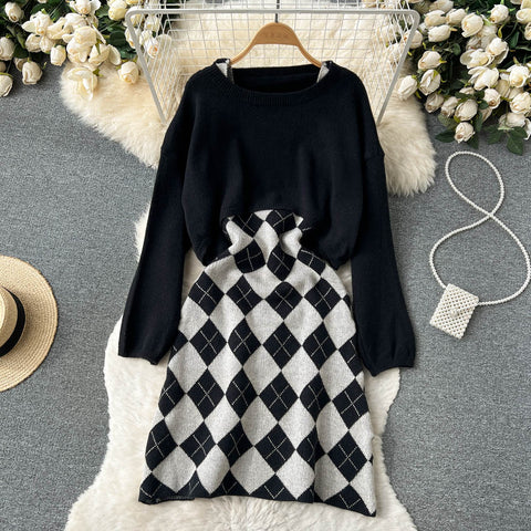 Cardigan&Rhombus Slip Dress Knitted 2Pcs